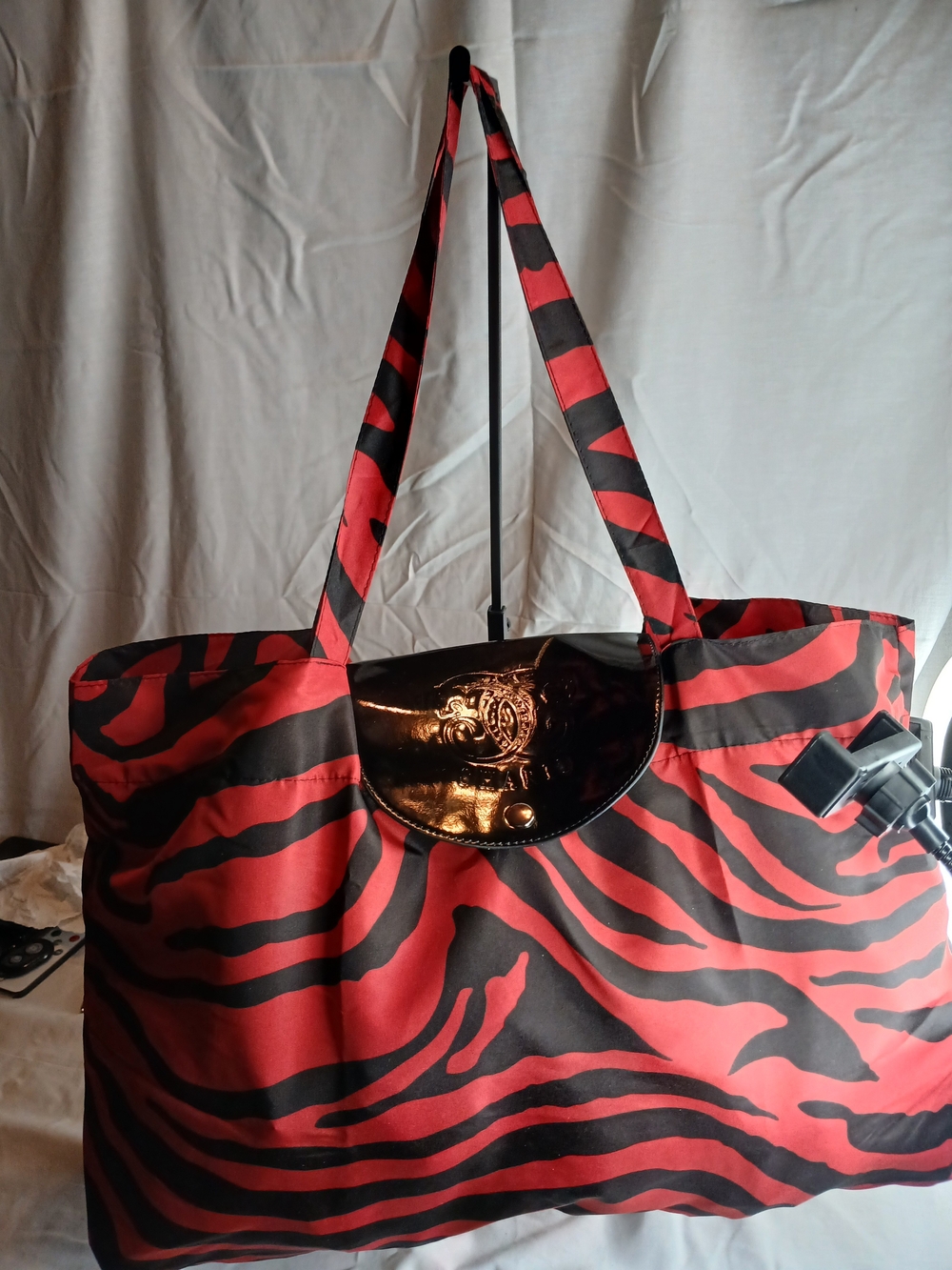 Sharif Red and Black Zebra Print Foldable Tote/Shoulder Bag